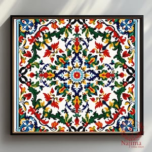 Puede incluir: Una obra de arte de punto de cruz enmarcada con un diseño floral simétrico. El diseño incorpora elementos florales rojos, verdes, azules y amarillos sobre un fondo blanco. La obra de arte está enmarcada en un marco negro con un borde azul. El texto "Najima Cross Stitch" está en la esquina inferior derecha.