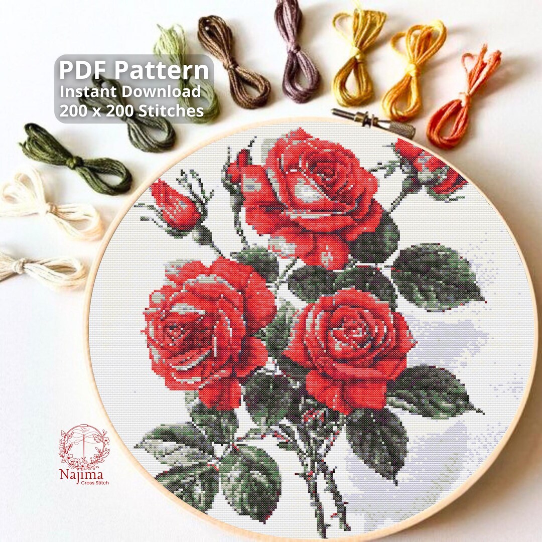 Red Roses Cross Stitch Pattern PDF, Floral Bouquet Embroidery Chart ...