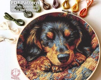May include: A cross-stitch pattern of a sleeping dachshund dog in a wooden embroidery hoop. The dog is black and brown, nestled in a colorful blanket. The text "PDF Pattern Instant Download 300 x 300 Stitches" is visible.