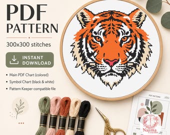 Patrón de punto de cruz de tigre en PDF, diagrama de cabeza de tigre, patrón de animal salvaje, 300x300 Pattern Keeper