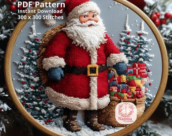 Santa Claus Cross Stitch Pattern, Winter Scene, Full Coverage (PDF Download)
