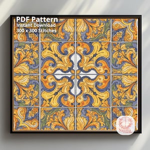 May include: A PDF pattern for cross stitch featuring a repeating tile design with yellow and blue acanthus leaf motifs. The image includes the text PDF Pattern, Instant Download, 300 x 300 Stitches, and a small Najima Cross Stitch logo.