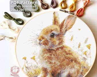 Woodland Rabbit Cross Stitch Pattern, Bunny Nature Embroidery Chart (PDF Download)