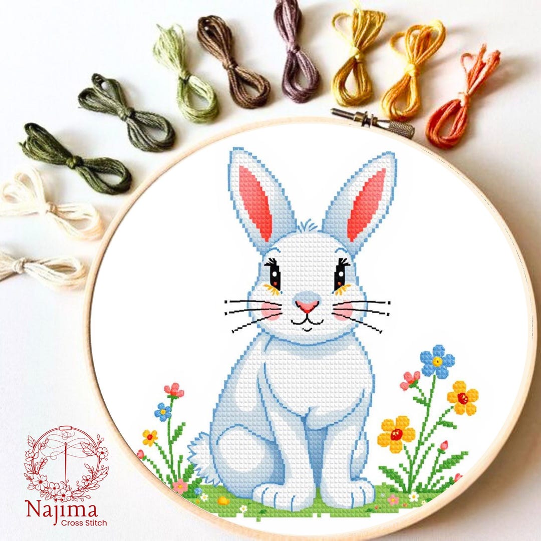 Cute Easter Bunny and Flowers, Cross Stitch Pattern for Spring Home ...