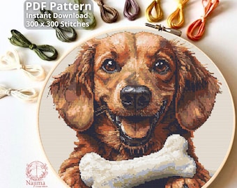 Dachshund Dog with Bone Cross Stitch Pattern, Full Coverage Pet Portrait (PDF Download)