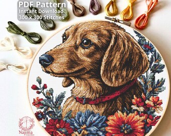 May include: A cross-stitch pattern featuring a brown dachshund wearing a red collar, surrounded by colorful flowers in a wooden embroidery hoop. Includes text: PDF Pattern Instant Download 300 x 300 Stitches and Najima Cross Stitch.