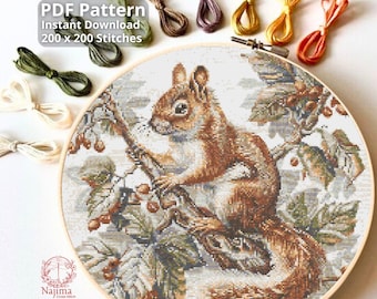 リスのクロスステッチパターン、かわいい森の動物の刺繍PDF、即時
