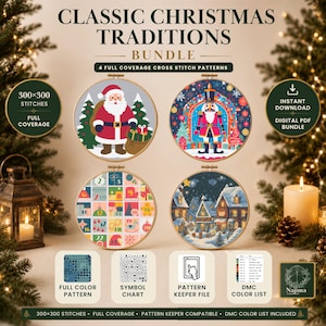 Christmas Traditions Cross Stitch Bundle PDF, 4 Large 300x300 Patterns, Santa, Nutcracker, Advent Calendar, Winter Village