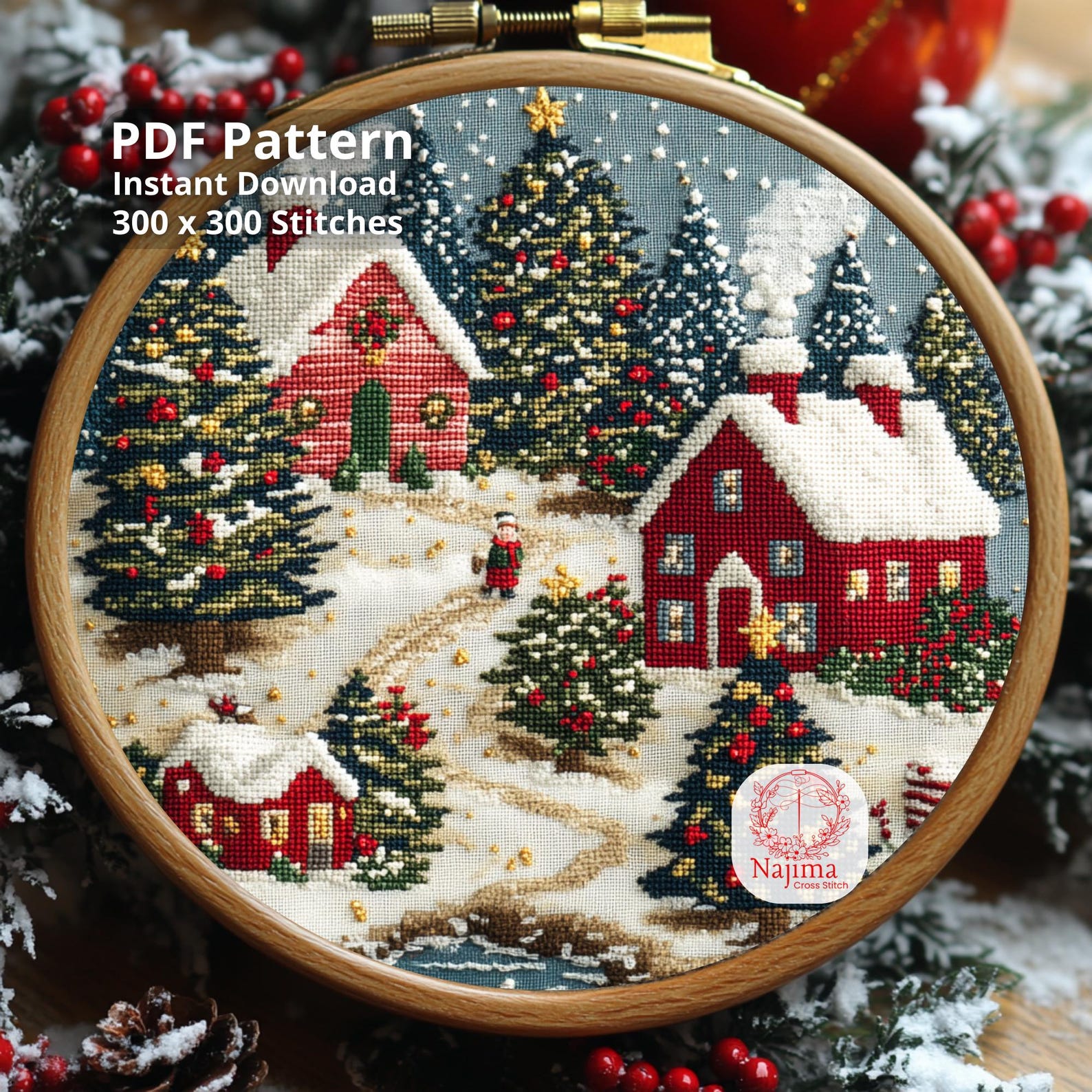 Winter Village Cross Stitch Pattern, Snowy Christmas Landscape, Cozy ...