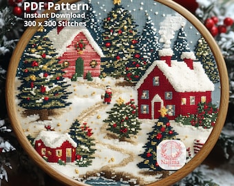 Borduurpatroon Winterdorp, Besneeuwd Kerstlandschap, Gezellig Vakantietafereel (PDF-download)