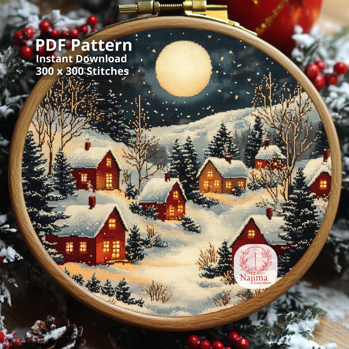 Winter Village Cross Stitch Pattern, Moonlit Snowy Village Night, Cozy ...