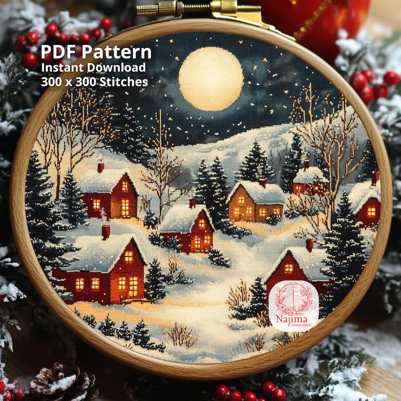 Winter Village Cross Stitch Pattern, Moonlit Snowy Cabins, Cozy ...