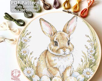 Easter Bunny Cross Stitch Pattern, Watercolor Spring Scene, Woodland Charm (PDF Download)