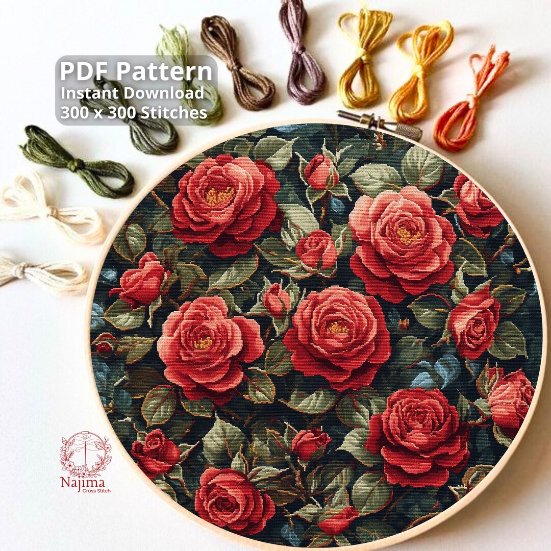 Dark Red Roses Cross Stitch Pattern, Vintage Gothic Floral Art (PDF ...