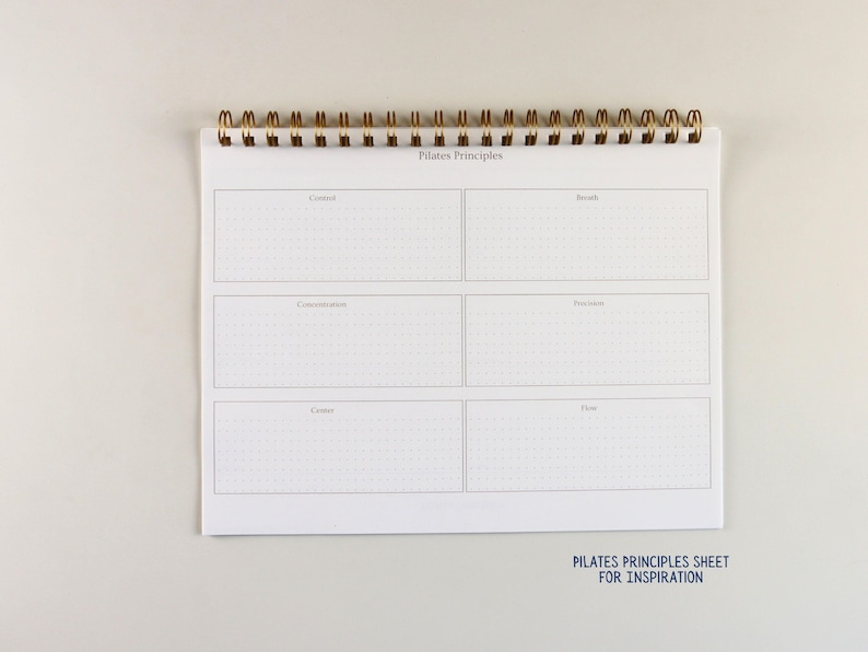May include: A white spiral-bound notebook with gold-colored coils, featuring the text "Pilates Principles" at the top. The notebook is open, displaying six sections labeled with Pilates concepts. The text "PILATES PRINCIPLES SHEET FOR INSPIRATION" is at the bottom.