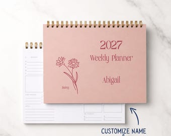 Personalized 2027 Weekly Planner: Pink Birth Flower Monthly Calendar, Habit Tracker Notebook
