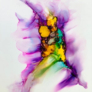May include: Abstract art painting with purple, yellow, green, and blue colors. The colors are blended together to create a unique and organic design.