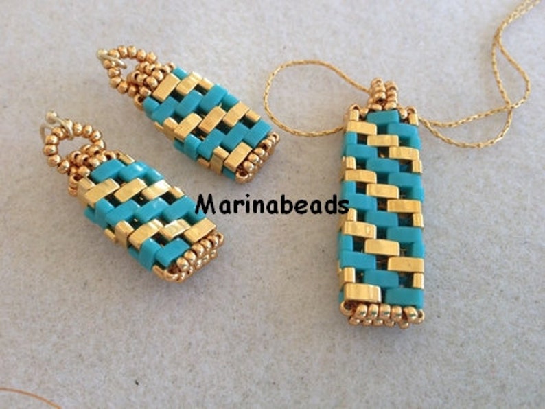 May include: A set of turquoise and gold beaded earrings and a necklace. The beads are woven together in a checkered pattern. The necklace is on a gold chain.