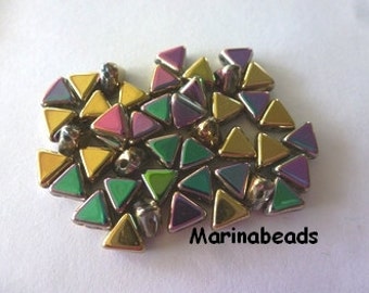 May include: Assortment of iridescent triangle-shaped beads in shades of green, yellow, pink, and purple. The beads have a metallic finish and are approximately 6mm in size.