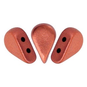 May include: Three teardrop-shaped beads in a copper colour, each with two holes.