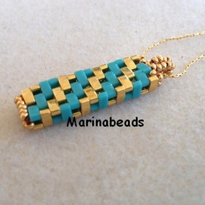 May include: A gold chain necklace with a turquoise and gold beaded pendant. The pendant is a woven design with a rectangular shape.