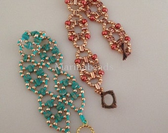 May include: Two beaded bracelets with gold and turquoise beads, and gold and copper beads. The bracelets have a gold clasp.