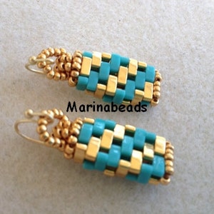 May include: A pair of turquoise and gold beaded earrings with a wire hook closure. The earrings are made with small square beads in a woven pattern.
