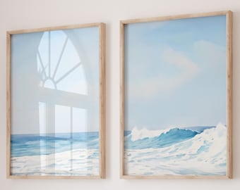 Beach Print Set of 2, Watercolor Print, Ocean Waves, Beach Wall Art, Blue Wall Print, Digital Download, Ocean Wall Art, Wall Decor, Poster
