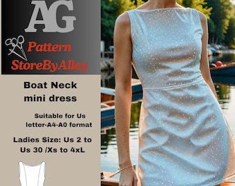 Patrón de costura para vestido de verano con escote barco, corte A, minivestido Daphne, lino, sin mangas, elegante, tallas XS-4XL/2-30