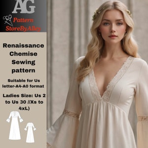 Vestido renacentista, vestido cottagecore, cosplay medieval, patrón de vestido de hada, vestido de fantasía, adecuado para formato carta A4-A0 de EE. UU.