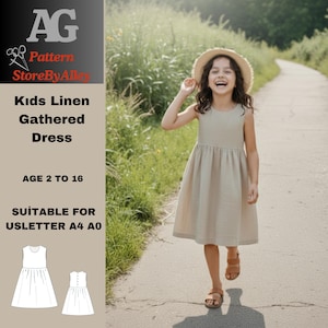 Kids Linen Gathered Summer Dress Sewing Pattern,Cap Flared Sleeveless/ A4-A0-US Letter/2-16 years