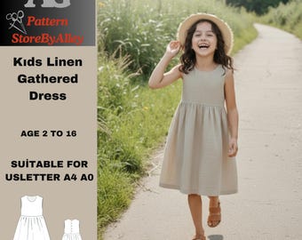 Patrón de costura para vestido de verano de lino fruncido para niños, gorra acampanada sin mangas/A4-A0-US Letter/2-16 años