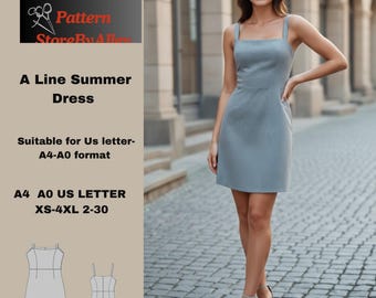 Vestido de verano línea A, patrón de costura, bohemio, verano, sol, EE. UU. Carta-A4-A0 / 2-30