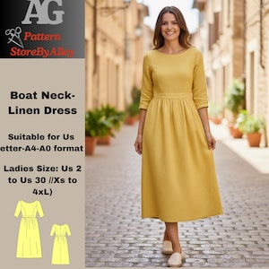 Boat neck linen dress,Sewing patterns,Gathered,summer, Us letter-A4-A0