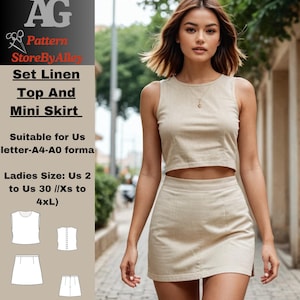 Set Linen Top And Mini Skirt Sewing Pattern, Linen Summer Mini Skirt,Linen Summer Top,Summer Set Sewing Pattern,PDF Digital Sewing Pattern