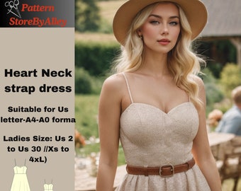 Vestido con tirantes y cuello de corazón, verano con tirantes, patrón de costura adecuado para EE. UU. Carta A4-A0