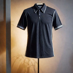 May include: A black polo shirt with white trim around the collar and sleeves. The shirt is on a hanger.