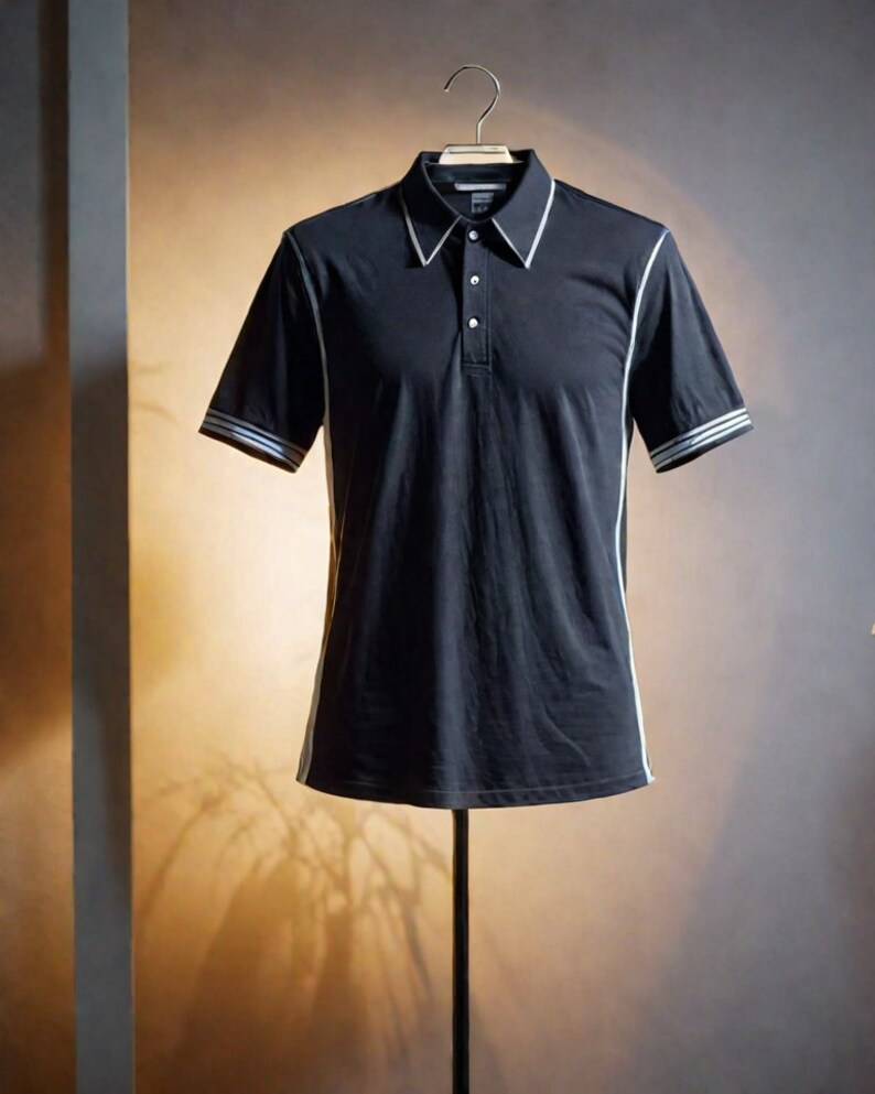 May include: A black polo shirt with white trim around the collar and sleeves. The shirt is on a hanger.