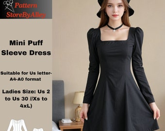 Vestido con mangas abullonadas, para invitación y cóctel, graduación, patrón de costura, PDF, tallas US 2 a 30 / XS-4XL