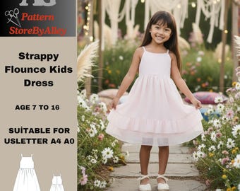 Vestido infantil con volantes y tiras, patrón de costura para niñas, patrón de verano, tallas A0-A4, tallas carta EE. UU., tallas 7-16 años