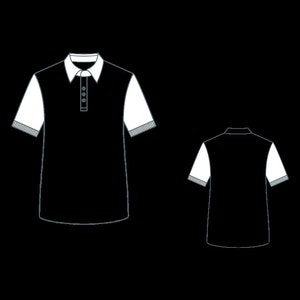May include: A black polo shirt with white sleeves. The shirt has a button-up collar and three buttons down the front.