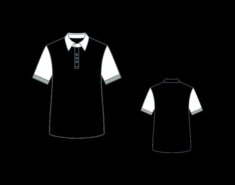 May include: A black polo shirt with white sleeves. The shirt has a button-up collar and three buttons down the front.