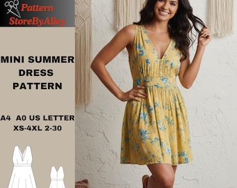 Patrón de minivestido de verano, primavera, patrones de costura, vacaciones, escote en V/XS-4XL/2-30