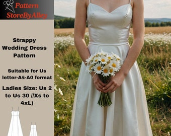 Patrón de vestido de novia con tirantes, costura de vestido Birdal, graduación, noche, boda, para nosotros carta-A4-A0