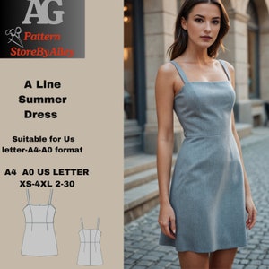 Vestido de verano de corte A, patrón de costura, vestido de corte A, vestido de verano, patrón de vestido de verano, adecuado para formato carta A4-A0 de EE. UU.