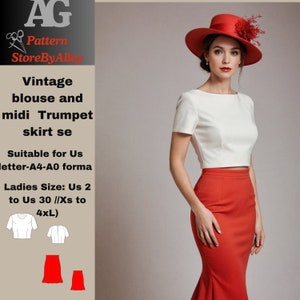 Conjunto de blusa y falda midi de trompeta estilo vintage, patrón de costura, patrón de falda simple, patrón de top fácil, adecuado para formato carta estadounidense A4-A0