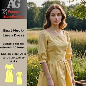 Vestido de lino con cuello barco, patrón de costura, patrón de vestido, vestido, vestido fruncido, falda midi con vuelo, vestido de verano, adecuado para nosotros en formato carta-A4-A0