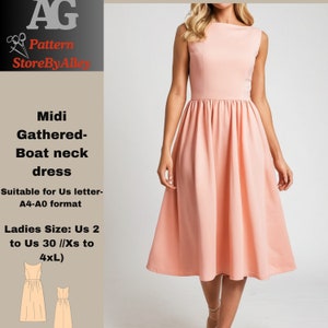 Boat neck linen midi dress,Sewing pattern,Dress Pattern,dress,summer Dress, Gathered Dress, midi dress,summer Dress, XS-4XL