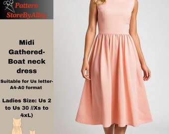 Linnen midi-jurk met boothals, naaipatronen, zomer, verzameld, midi/XS-4XL/2-30