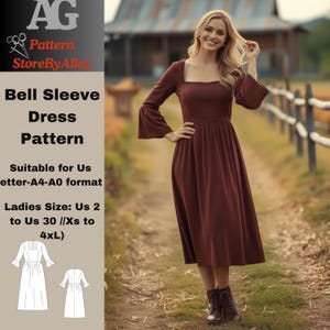 Bell Sleeve dress pattern,authentic,maternity,Regency,Bohemian Sewing Pattern, Ethnic,2/30/A0-A4